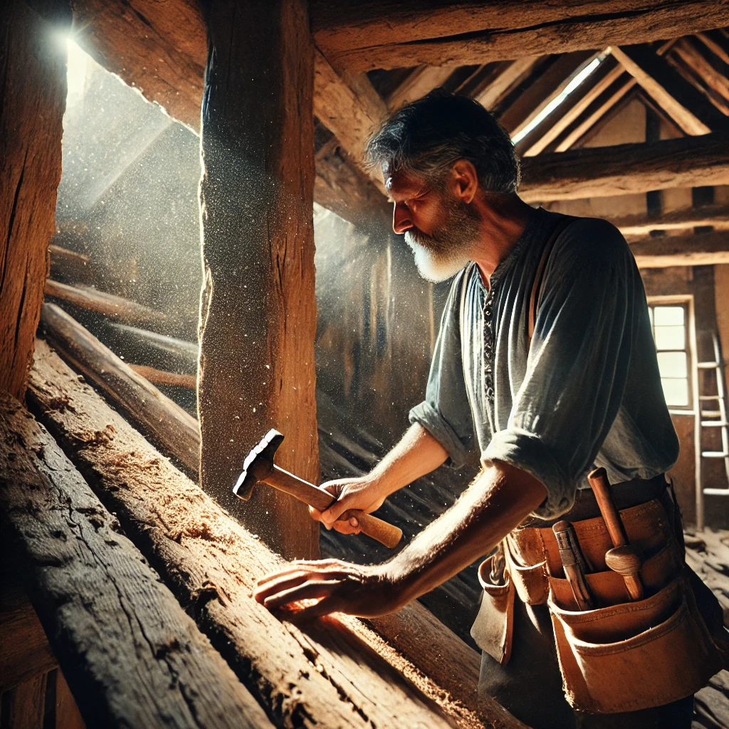 Un charpentier expérimenté examine méticuleusement les poutres d'une vieille ferme, son marteau à la ceinture. La lumière du soleil, filtrée par les planches pourries, révèle des fissures profondes dans le bois.